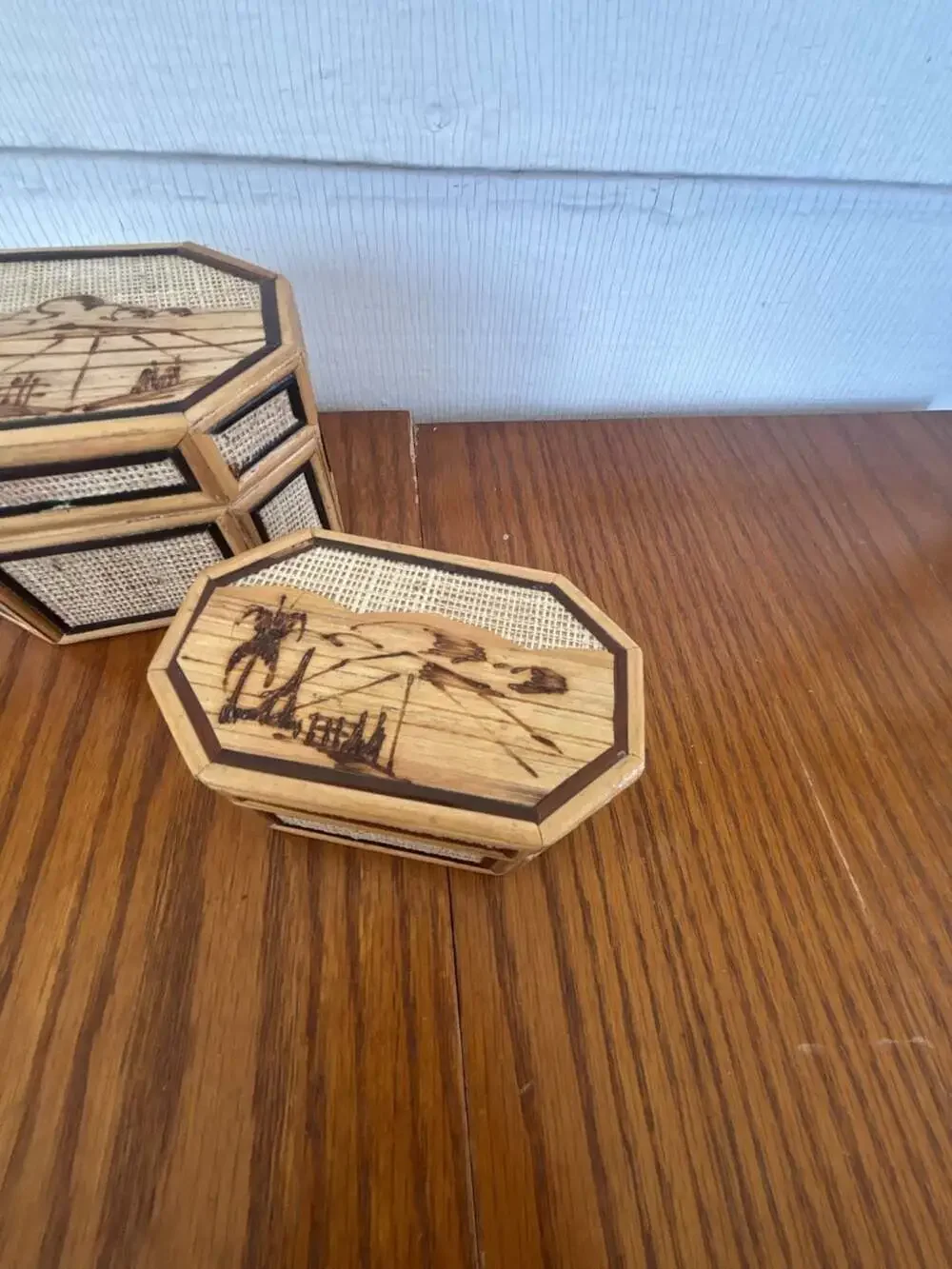 Vintage Philippines Handcrafted Woven Rattan and Bamboo Octagon Trinket Box Set
